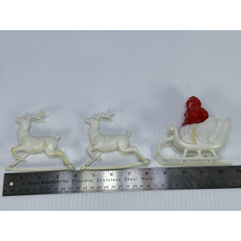 Vintage Christmas Hard Plastic Santa Sleigh Two White Reindeer Candy Holder - Picture 8 of 8